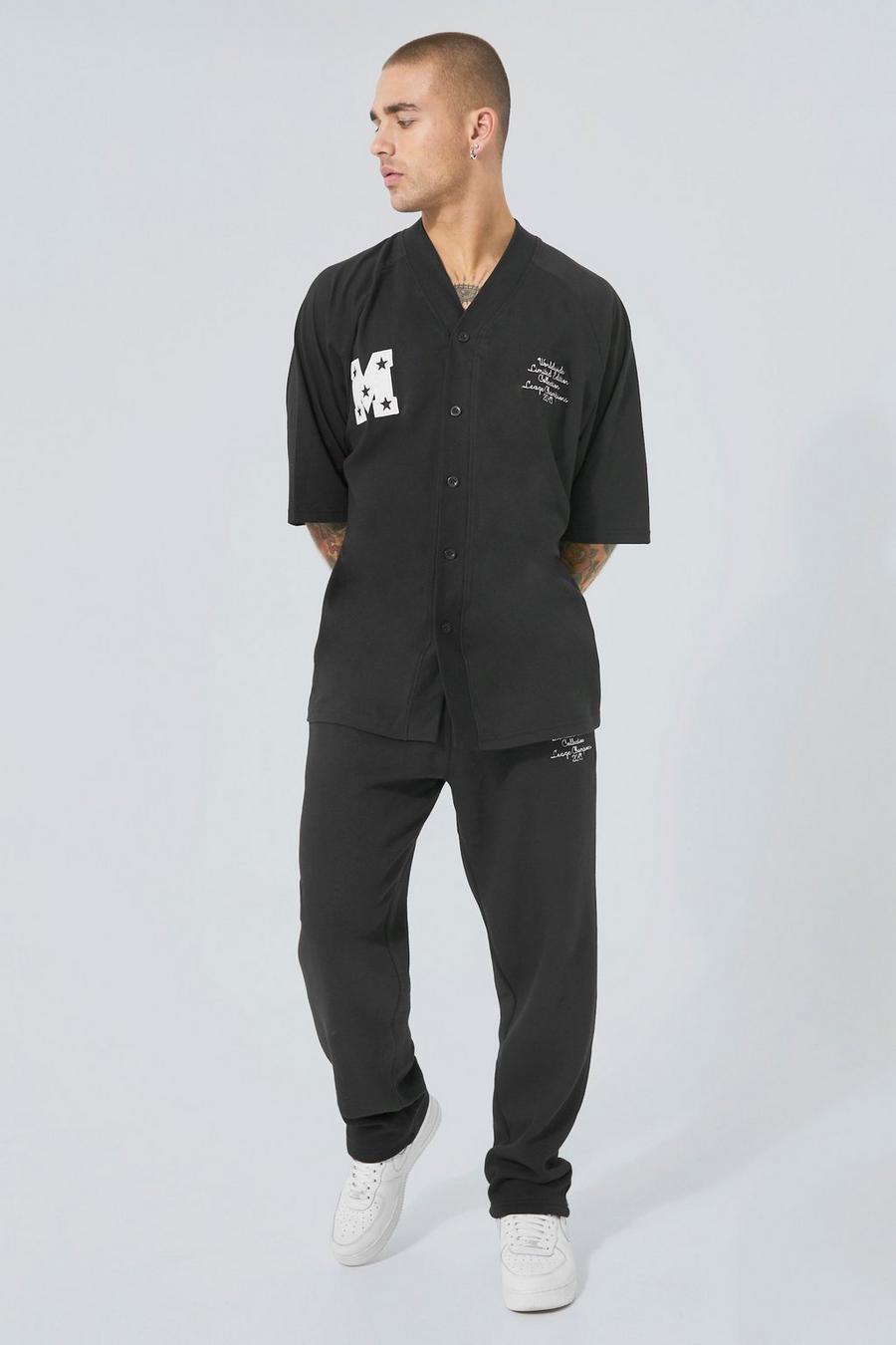 Black Baseball T-shirt And Jogger Set With Piping image number 1