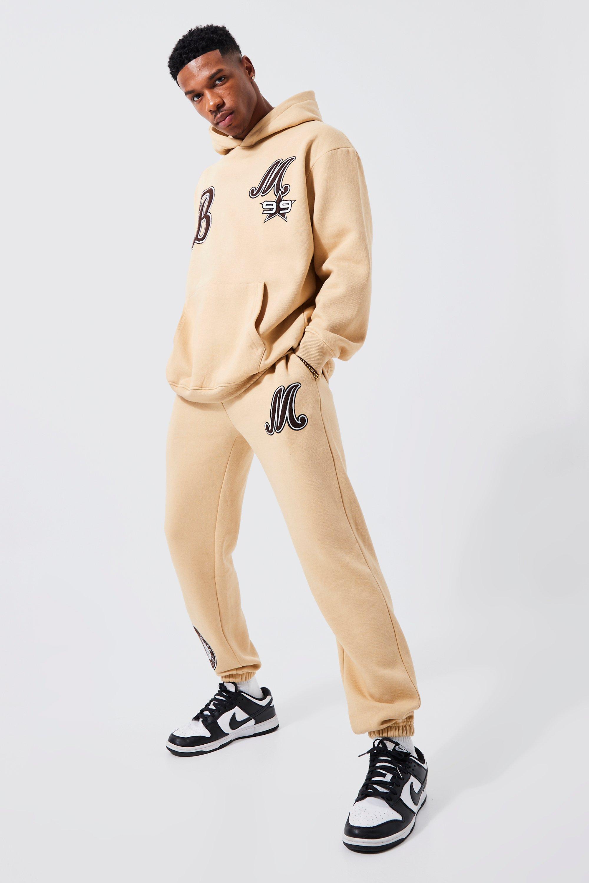 Men's Oversized B Badge Varsity Hooded Tracksuit | Boohoo UK