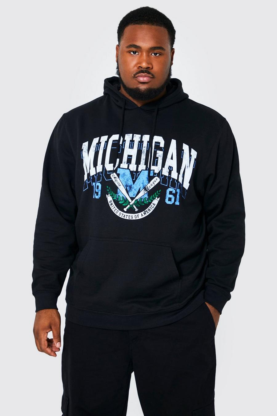 Grande taille - Sweat à capuche universitaire à slogan Michigan, Black