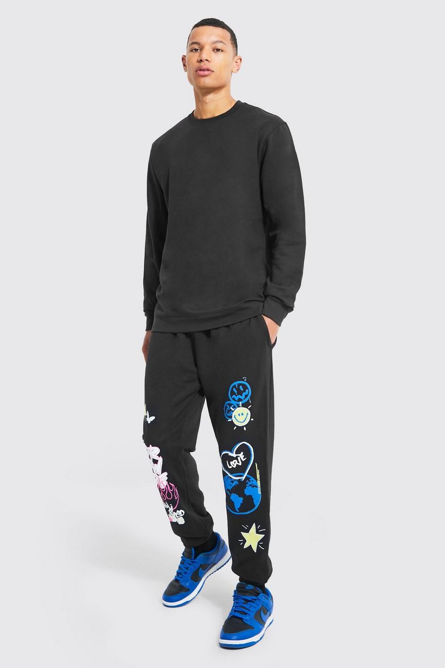 Black Tall Graffiti Doodle Graphic Sweat Tracksuit image number 1