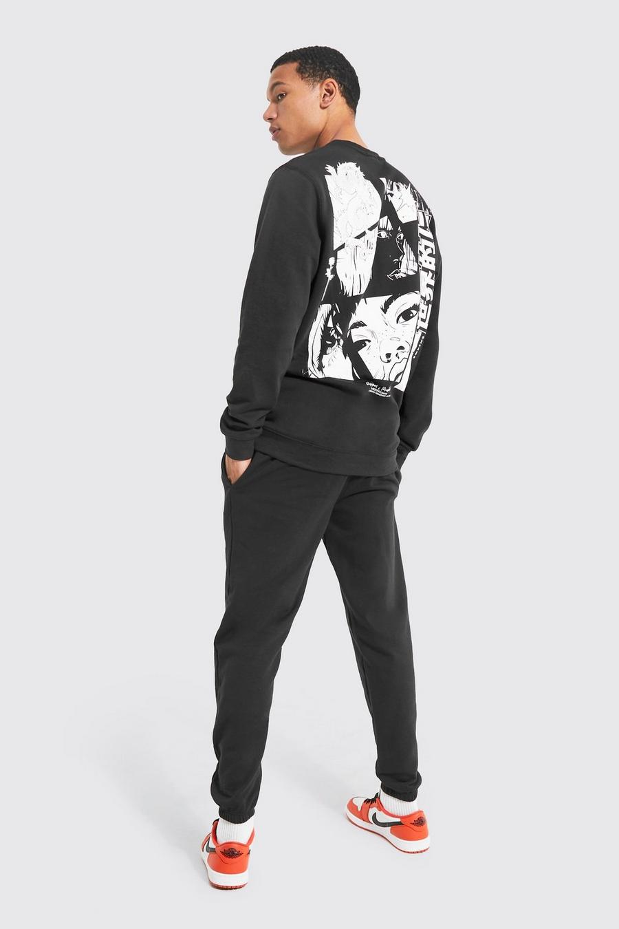 שחור חליפת טרנינג מבד סווטשירט עם הדפס אנימה גרפי בגב, לגברים גבוהים image number 1