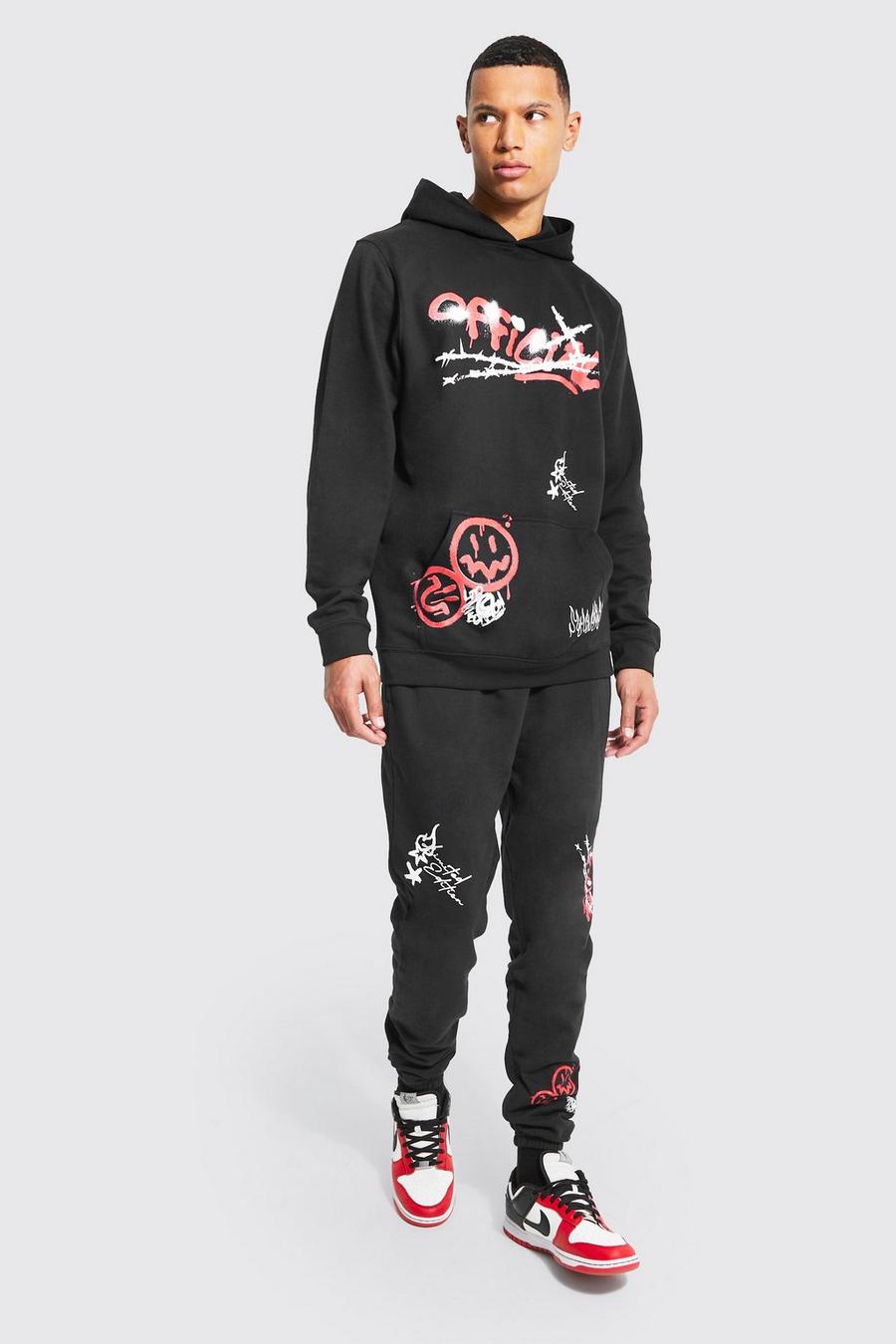 Black Tall Graffiti Doodle Graphic Hooded Tracksuit image number 1