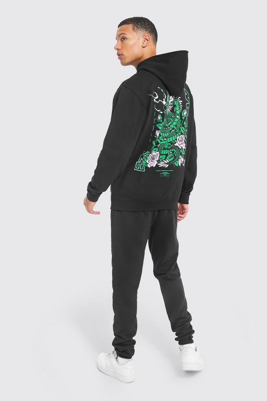 Black Tall Floral Dragon Graphic Hooded Tracksuit image number 1