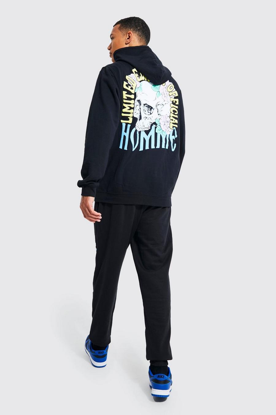 Black Tall Floral Skull Graphic Hooded Tracksuit image number 1