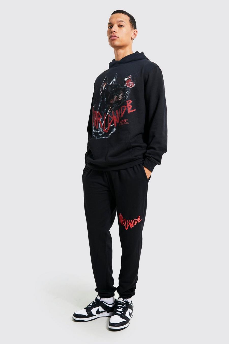 Black Tall Worldwide Dog Graphic Hooded Tracksuit image number 1