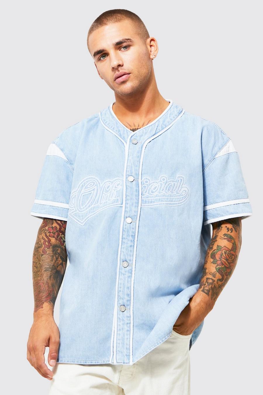 כחול בהיר חולצת בייסבול אוברסייז מבד ג'ינס עם כיתוב Official image number 1