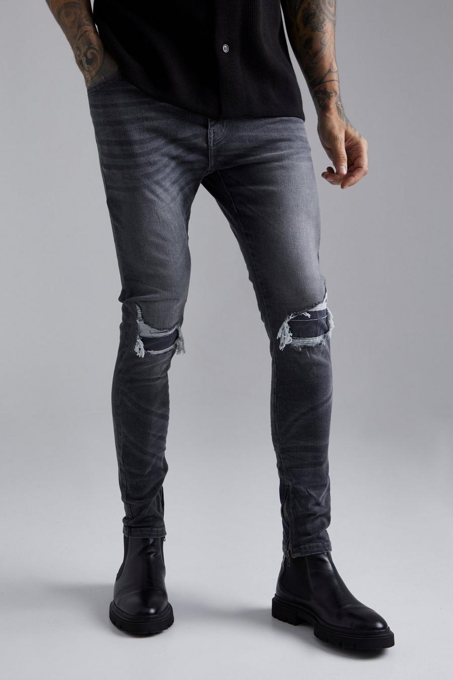 Mid grey gris Skinny Stretch Rip And Repair Zips Jeans