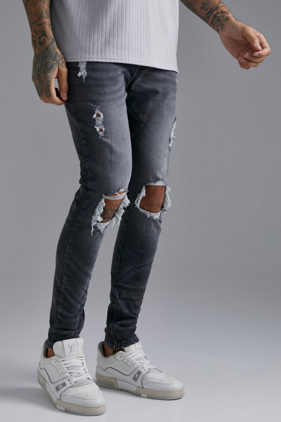 Mid grey Skinny Stretch Knee Rip Jeans With Zips