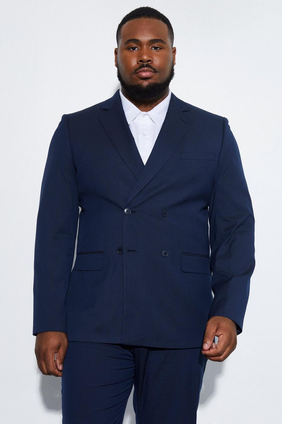 Navy azul marino Plus Slim Double Breasted Suit Jacket
