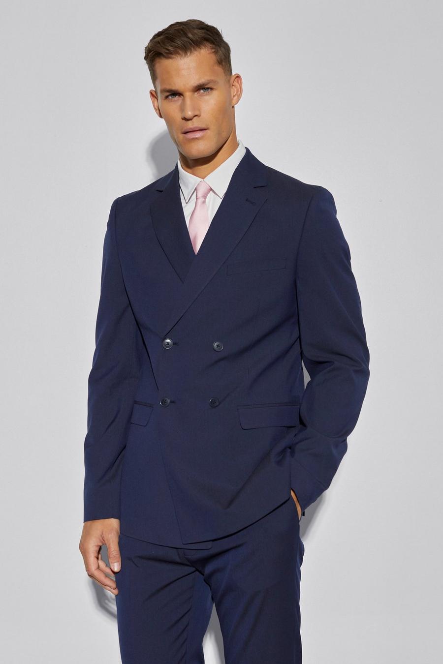 נייבי blu oltremare ז'קט חליפה בגזרה צרה עם דשים כפולים, לגברים גבוהים