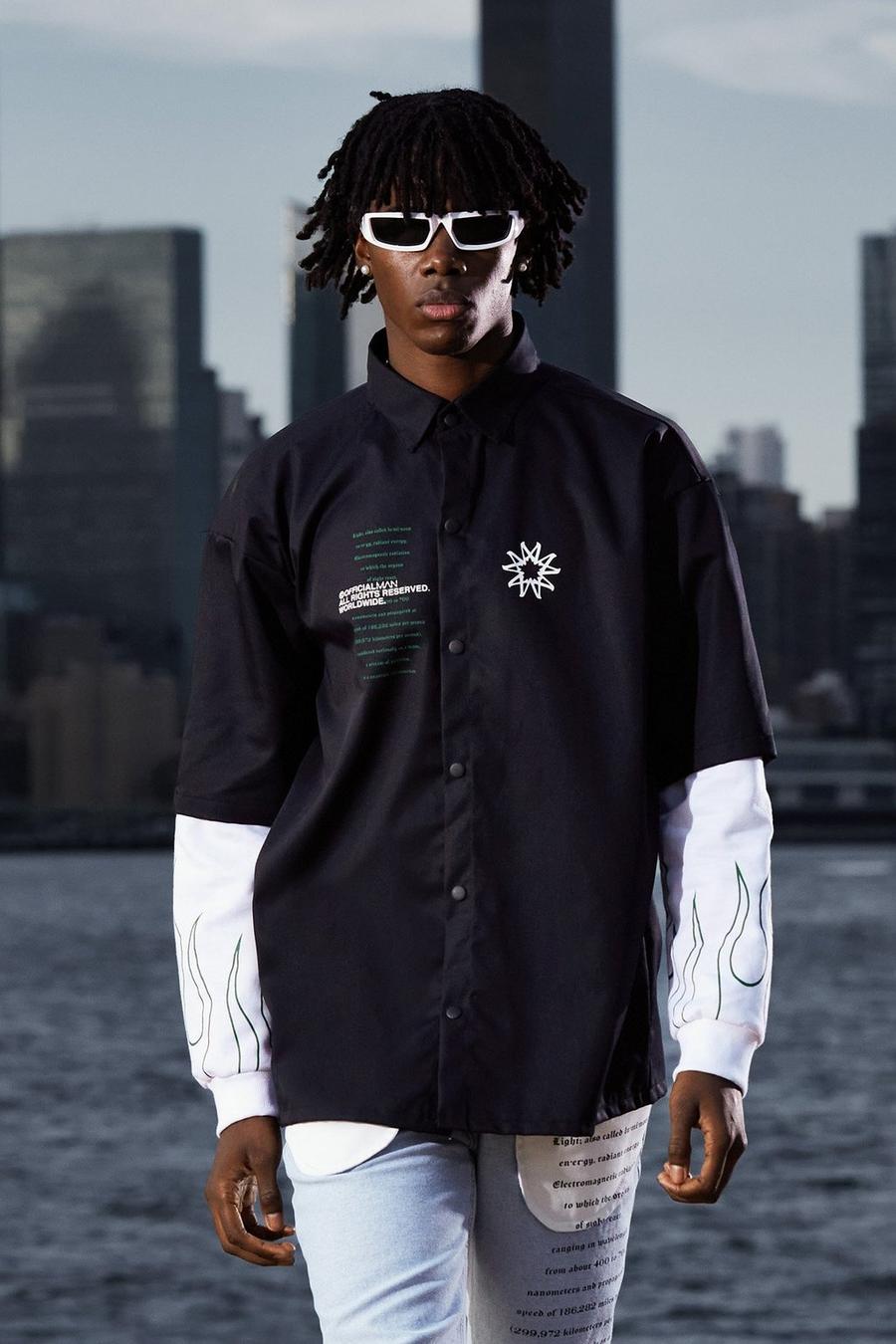 Black Faux Layer Sleeve Graphic Overshirt image number 1