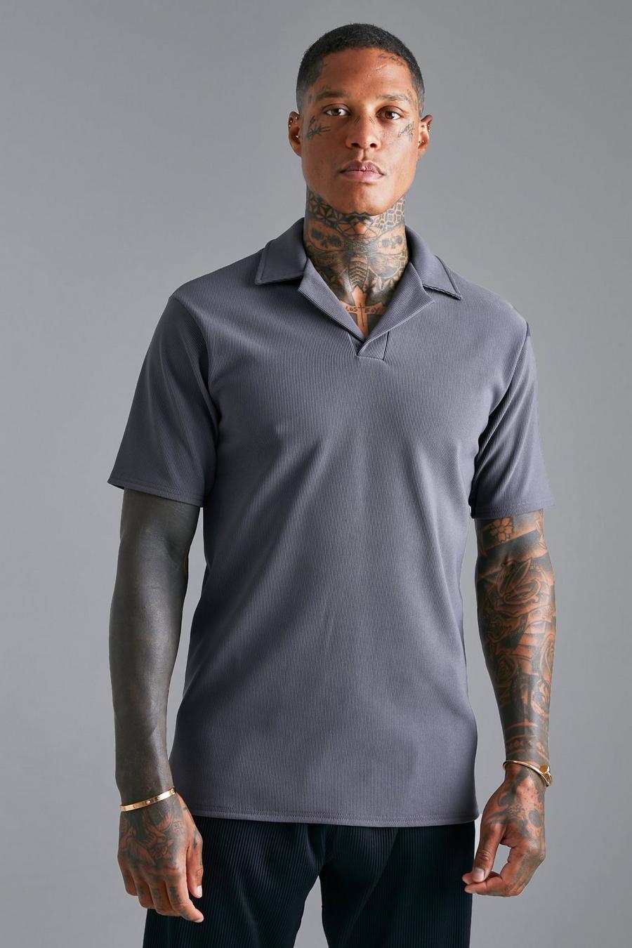 Charcoal Slim Revere Ribbed Polo  image number 1