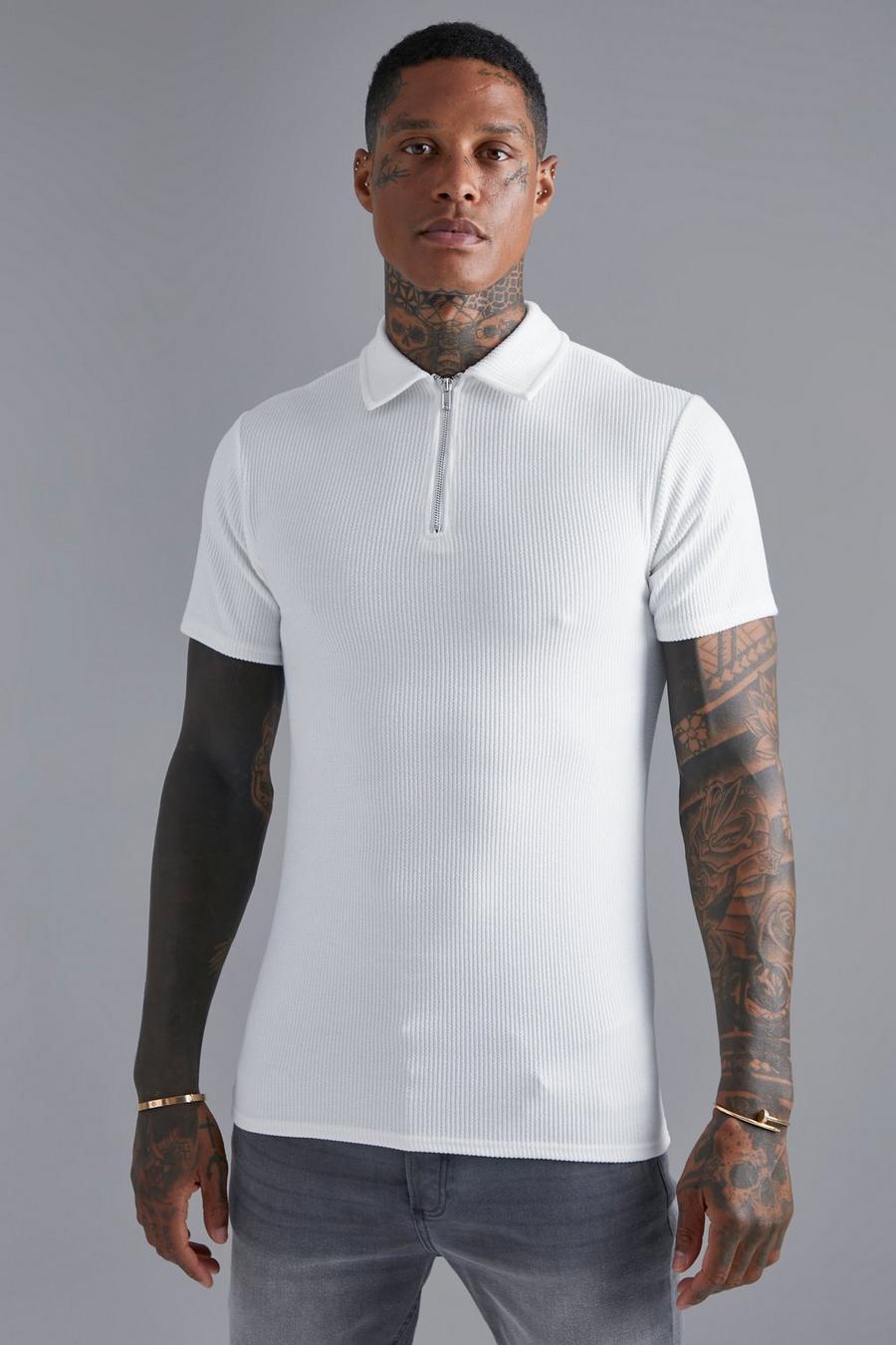 White Crinckle Rib Muscle Fit  Zip Polo  image number 1