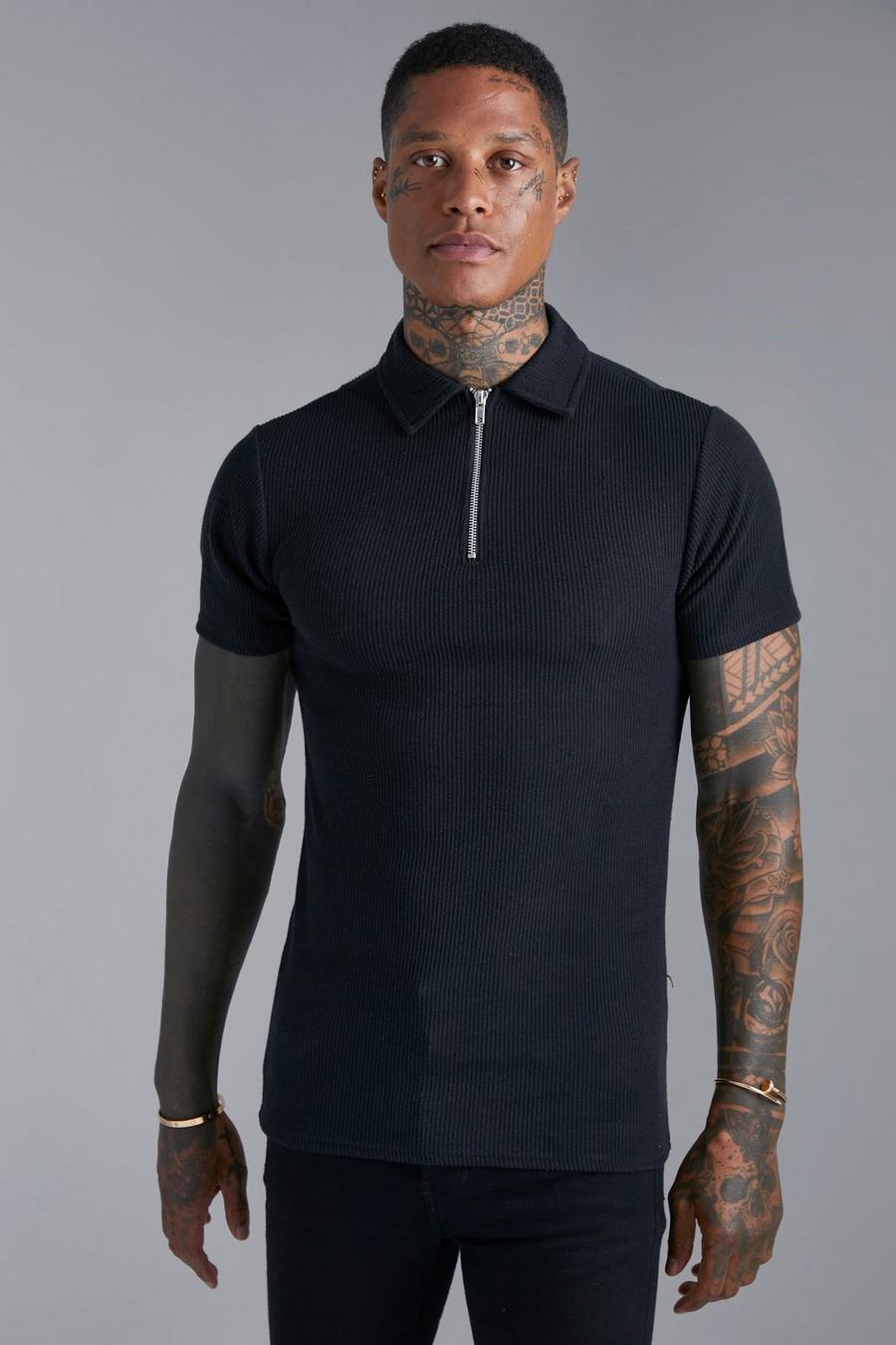 Black Crinckle Rib Muscle Fit  Zip Polo 