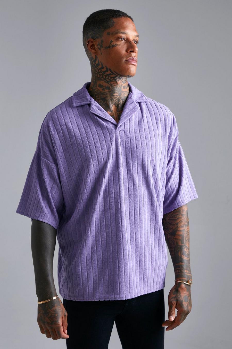Washed purple Striped Towelling Oversized Revere Polo image number 1