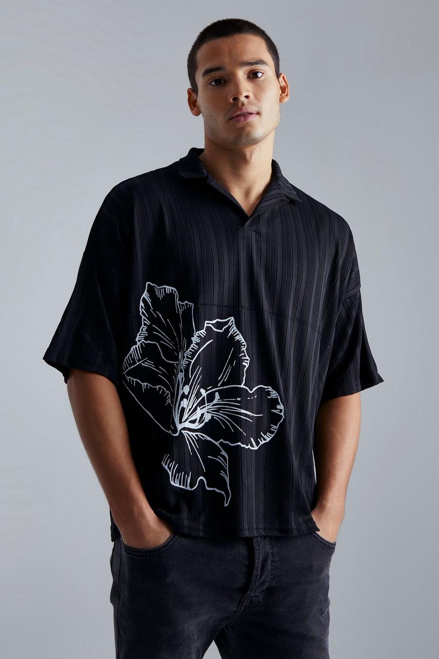 Black Oversized Floral Print Pleated Revere Polo image number 1