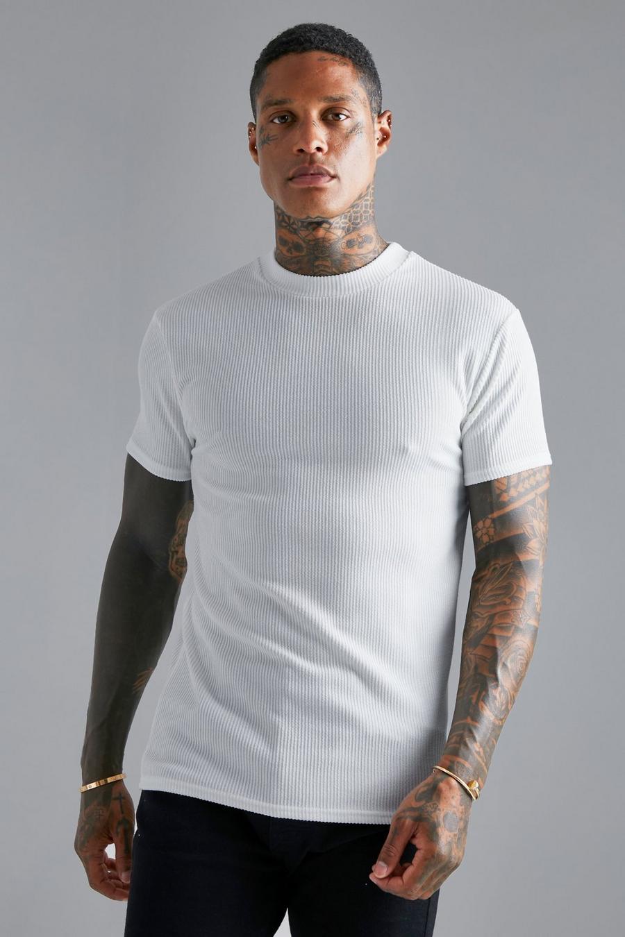 White Crinckle Rib Muscle Fit T-shirt