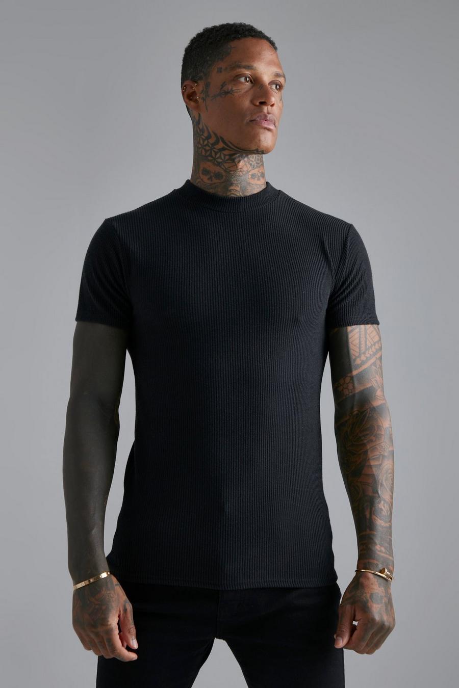 Camiseta ajustada al músculo de canalé fruncido, Black negro