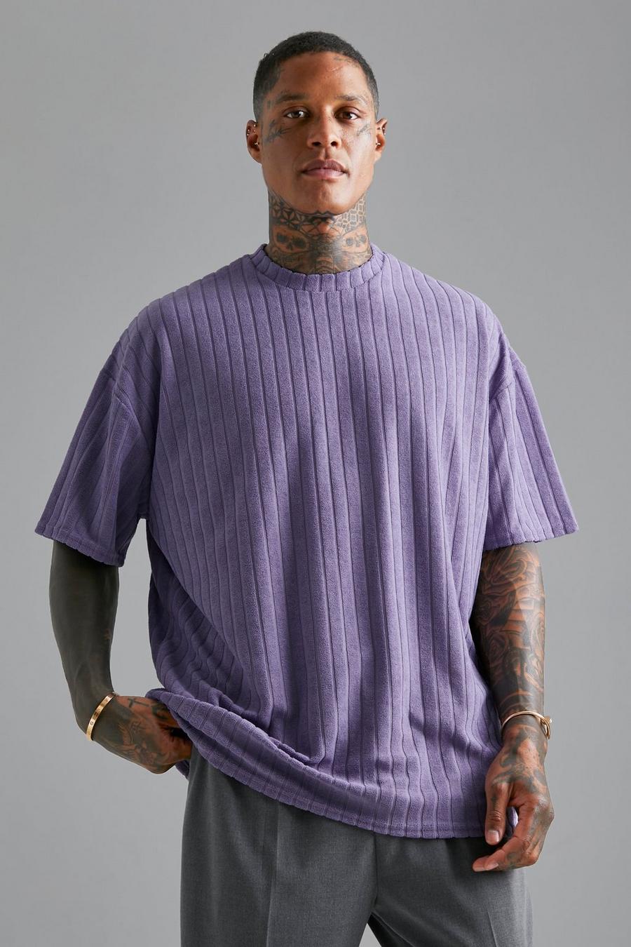 Washed purple Striped Towelling Oversized T-shirt image number 1