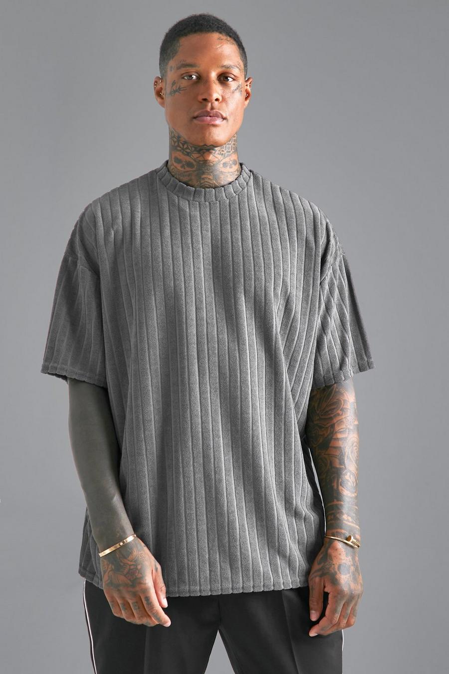 Charcoal grey Gestreept Badstoffen Slim Fit T-Shirt
