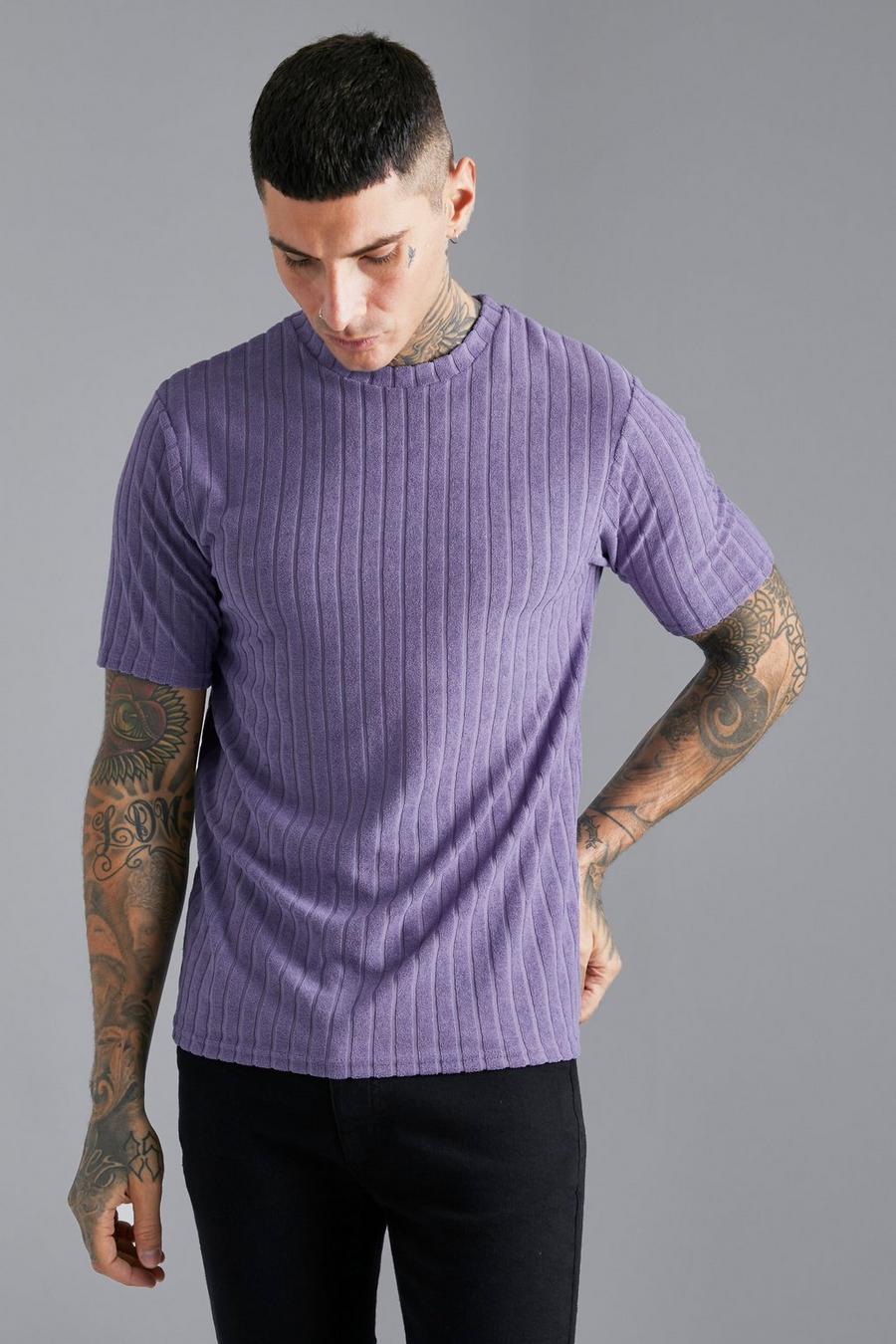 T-shirt cintré rayé en tissu éponge, Washed purple image number 1