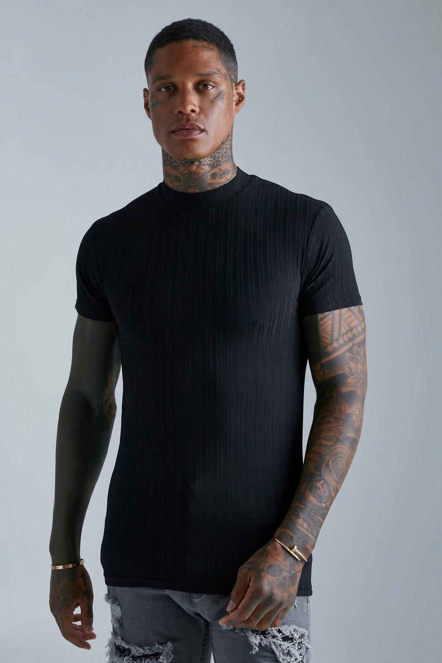 Black Pleated Muscle Extended Neck  T-shirt image number 1