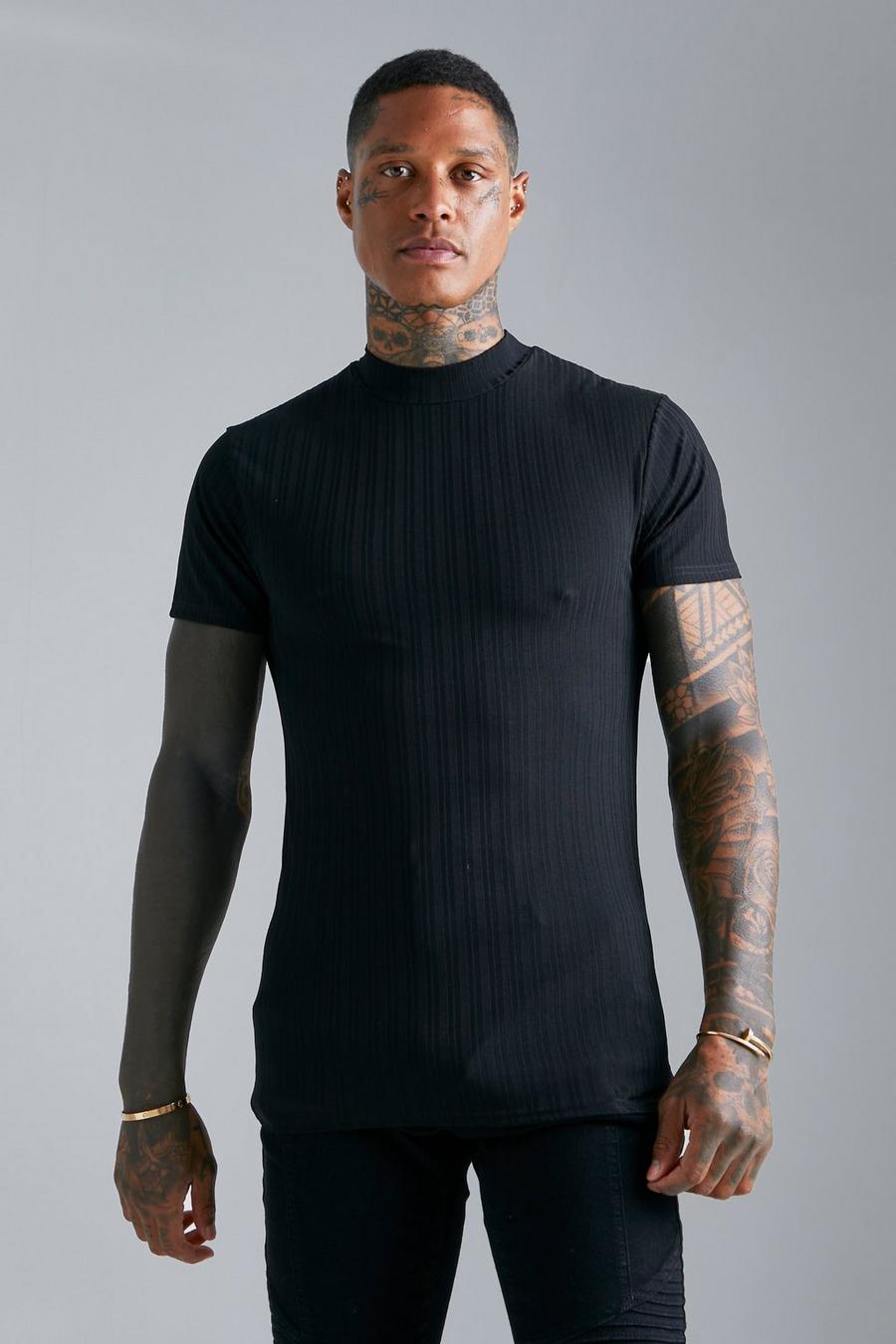 Black Pleated Muscle Extended Neck  T-shirt image number 1