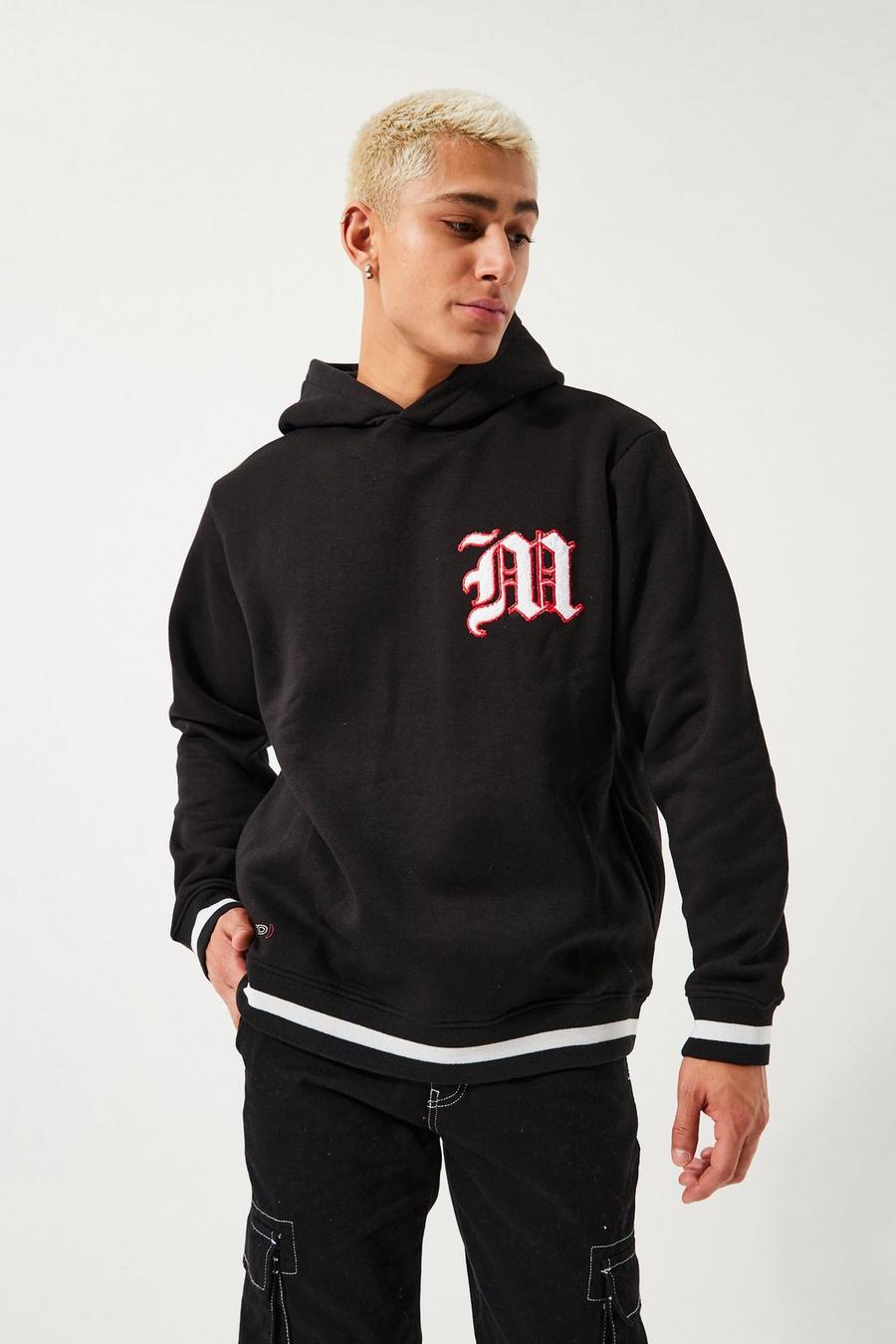 Black Oversized Tipping Varsity Graphic Hoodie image number 1