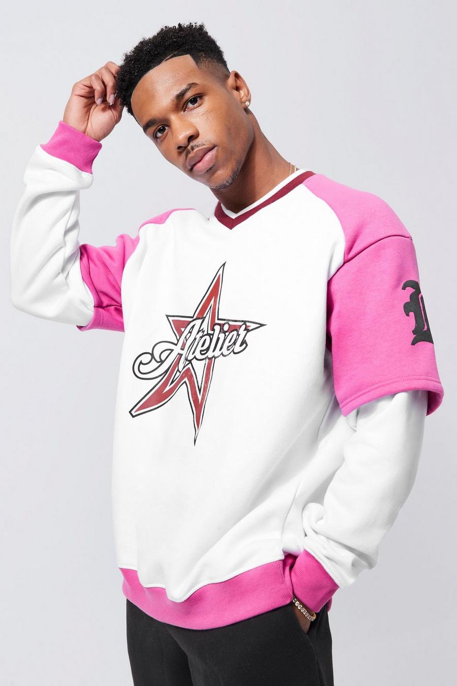 Pink Oversized V Sport Rib Graphic Sweatshirt image number 1