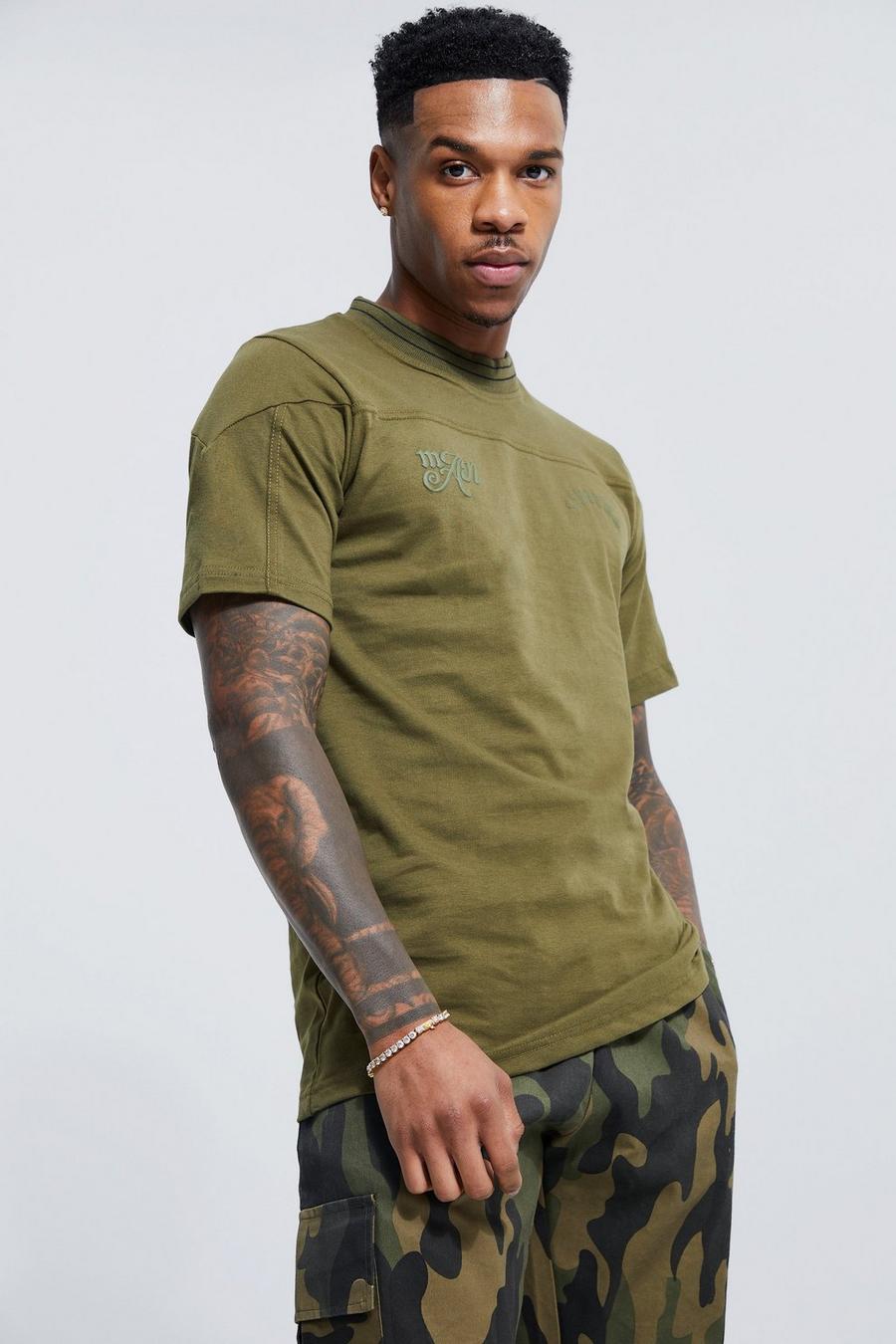 Khaki Extended Neck Piped Graphic T-shirt image number 1