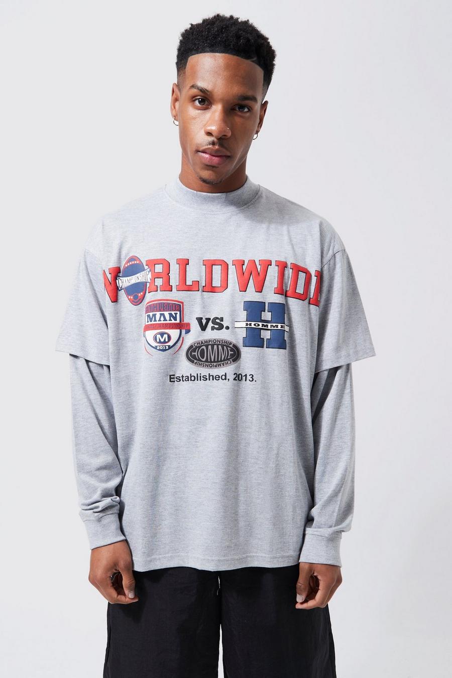 Camiseta oversize con estampado gráfico universitario y capa falsa, Grey marl image number 1