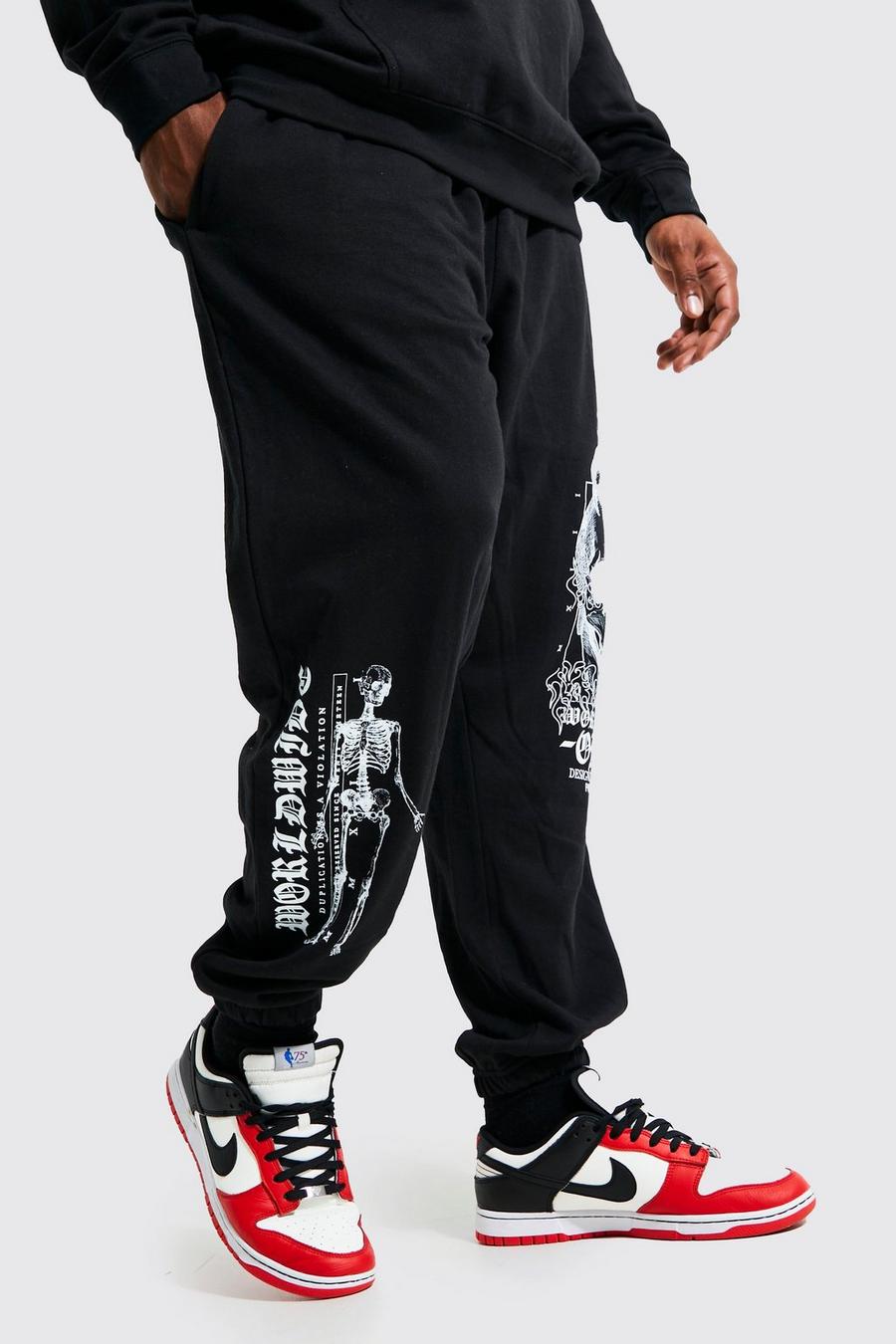 Pantalón deportivo Plus con estampado gráfico Worldwide de esqueleto, Black nero image number 1
