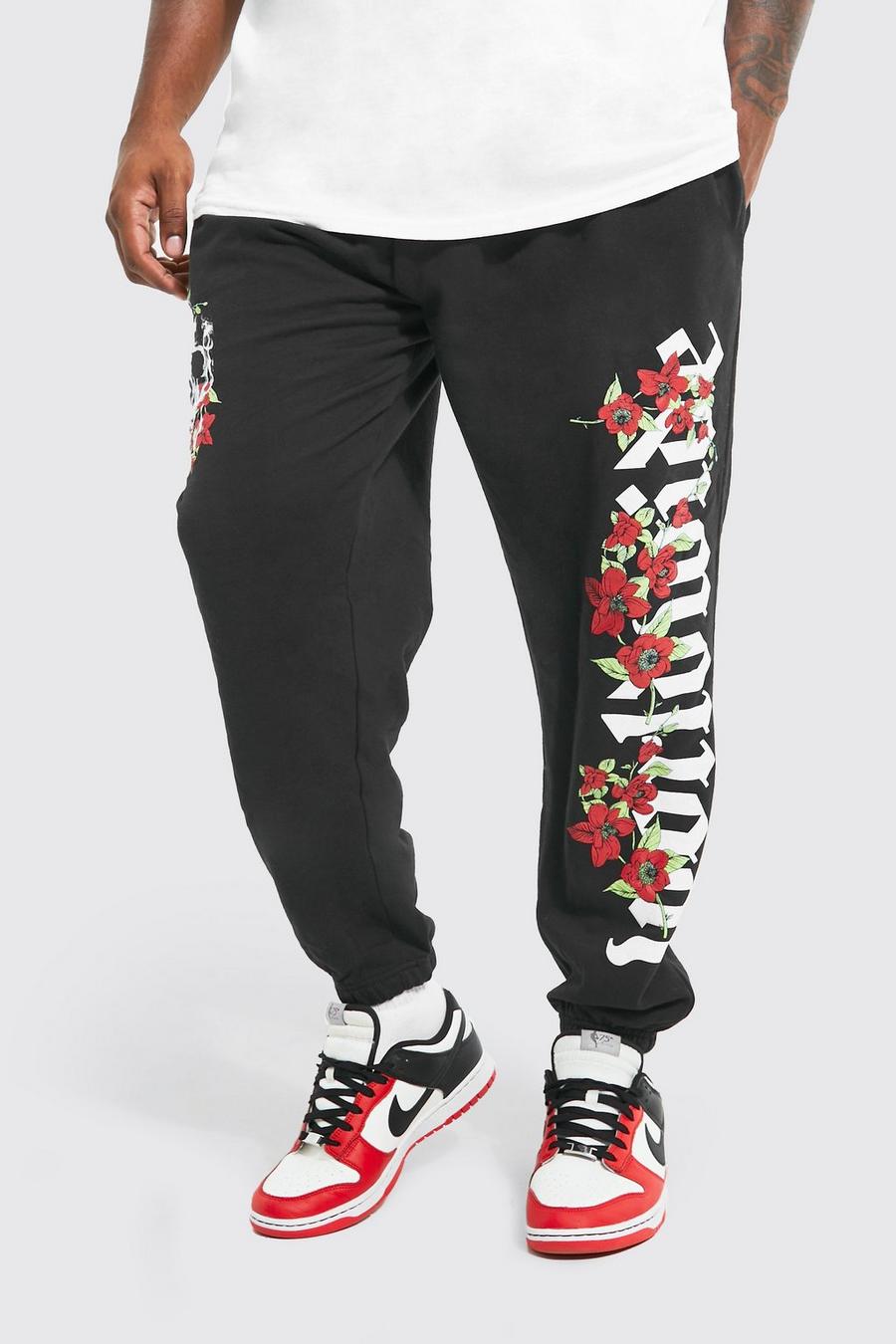 Pantalón deportivo Plus con estampado gráfico de flores y calavera, Black negro