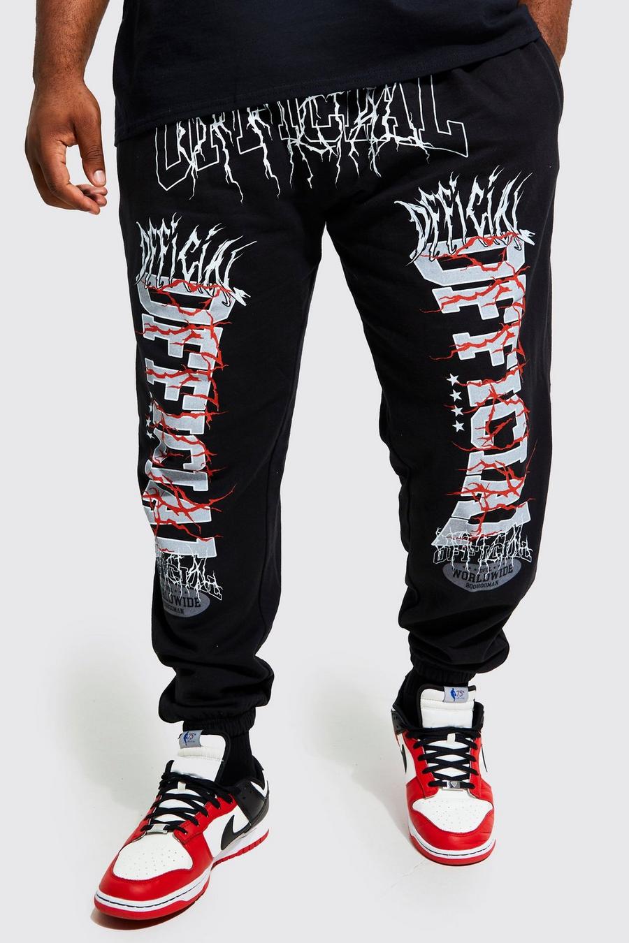Pantalón deportivo Plus con estampado gráfico Official de letras góticas, Black negro