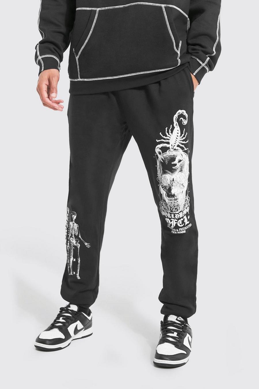 Pantalón deportivo Tall con estampado gráfico Worldwide de esqueleto, Black image number 1