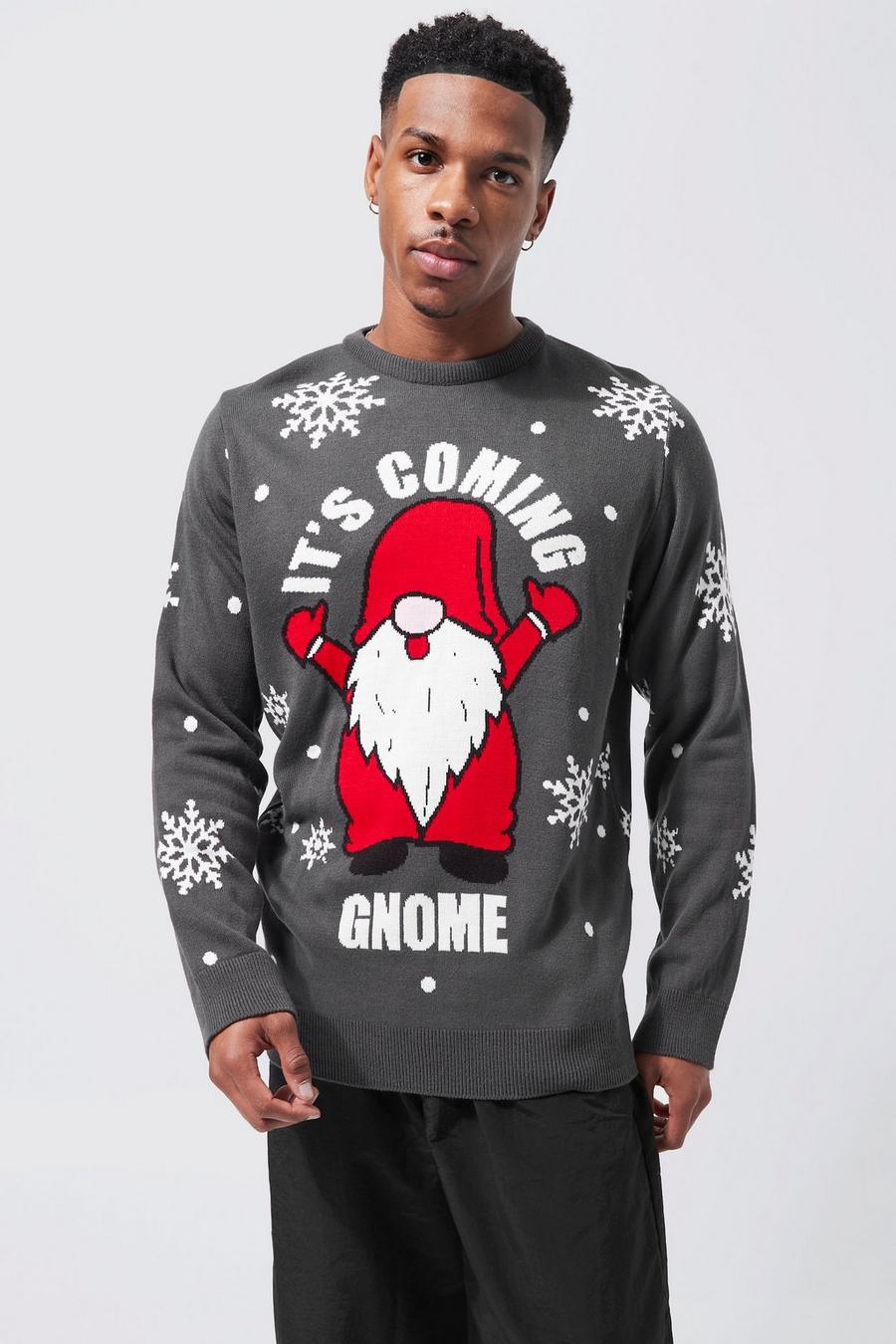 Pull de Noël imprimé foot et slogan It’s Coming Gnome, Grey