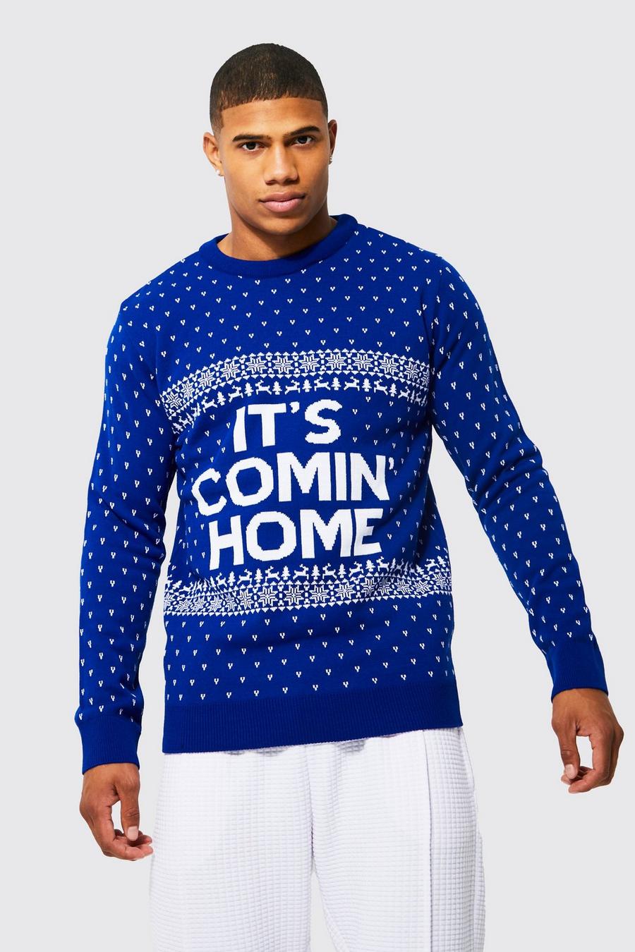 כחול סוודר לחג המולד עם כיתוב It's Comin Home