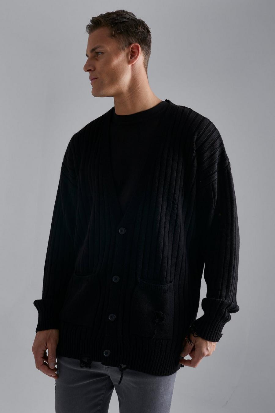 Black Tall Distressed Ribbed Oversized Cardigan image number 1