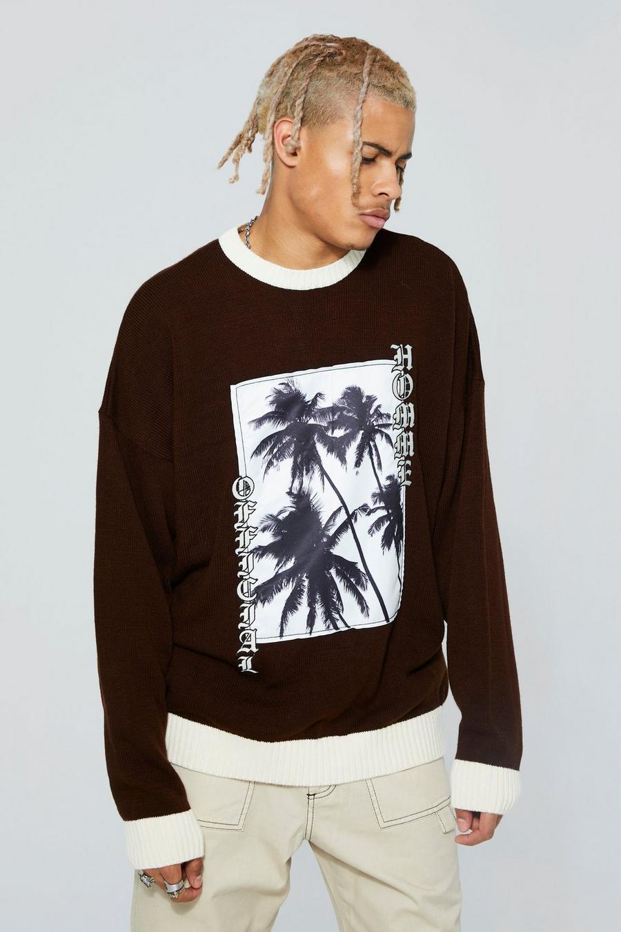 Chocolate brun Tall Homme Palm Oversized Knitted Jumper image number 1