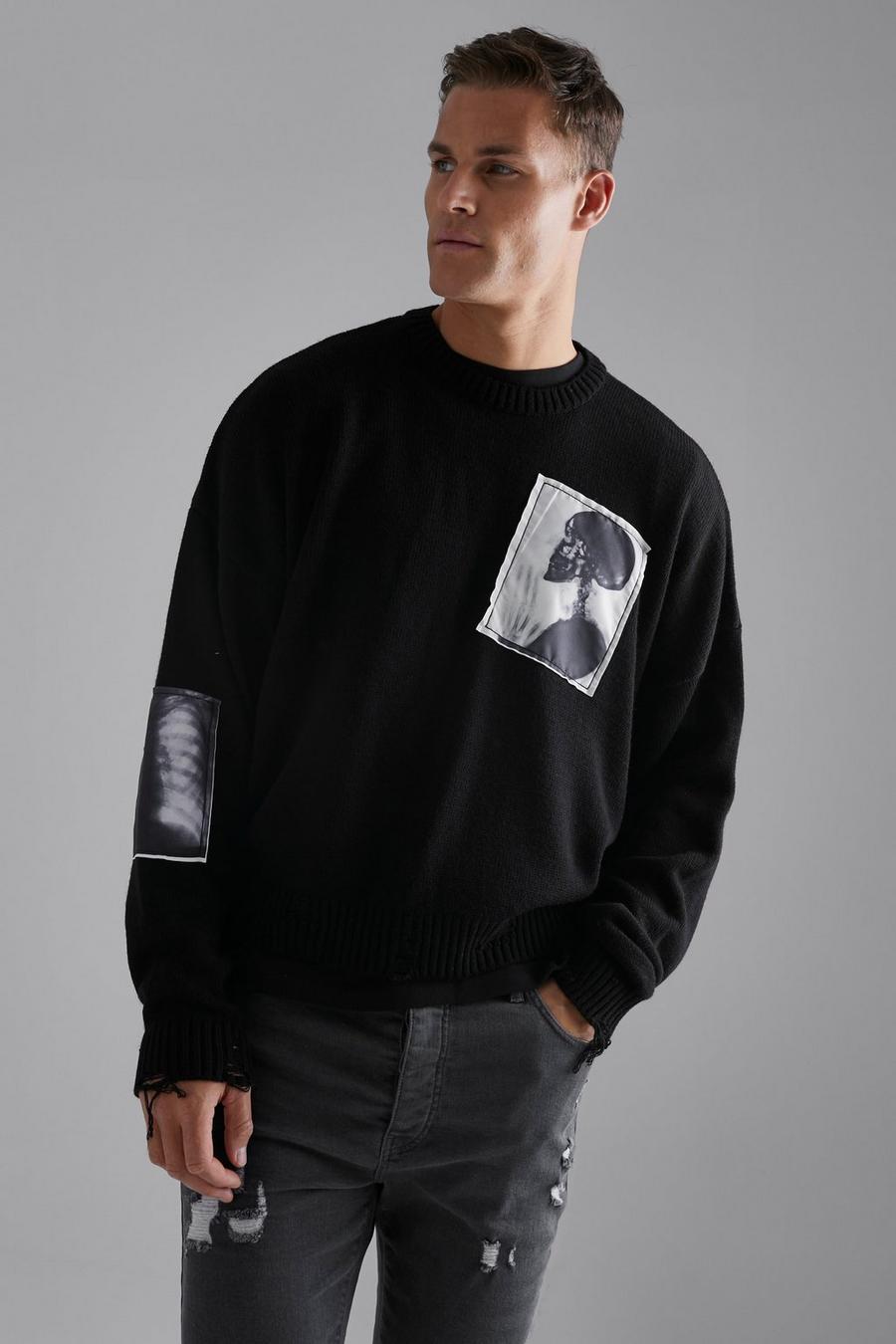 שחור black סוודר בגזרה מרובעת עם קרעים והדפס תמונה, לגברים גבוהים