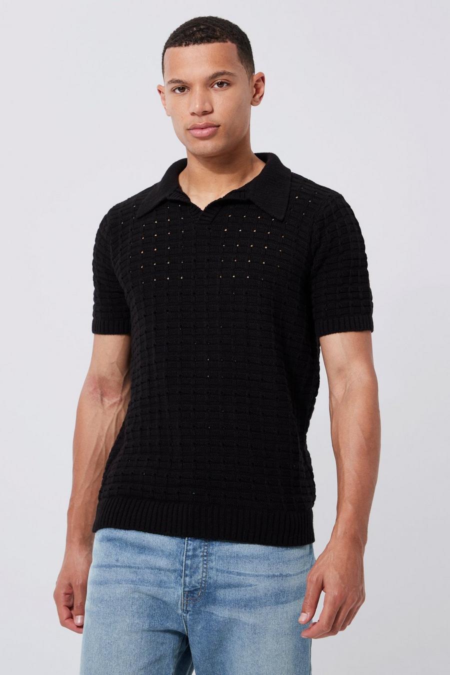 Black Tall Chunky Knitted Open Stitch Polo