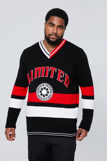 Black Plus Limited V Neck Varsity Knitted Jumper