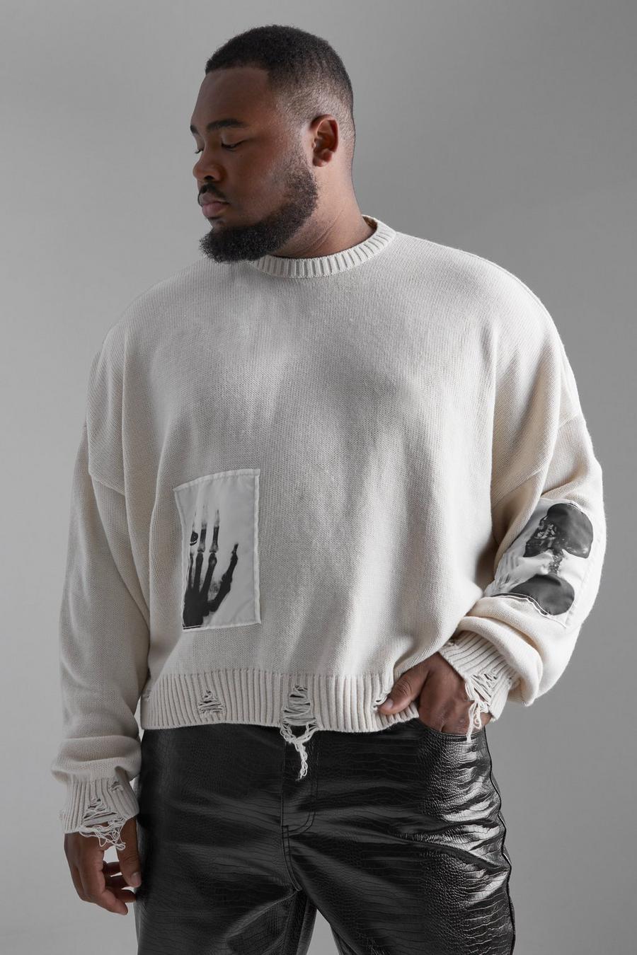 Maglione squadrato Plus Size a effetto consumato con stampa di foto, Ecru bianco