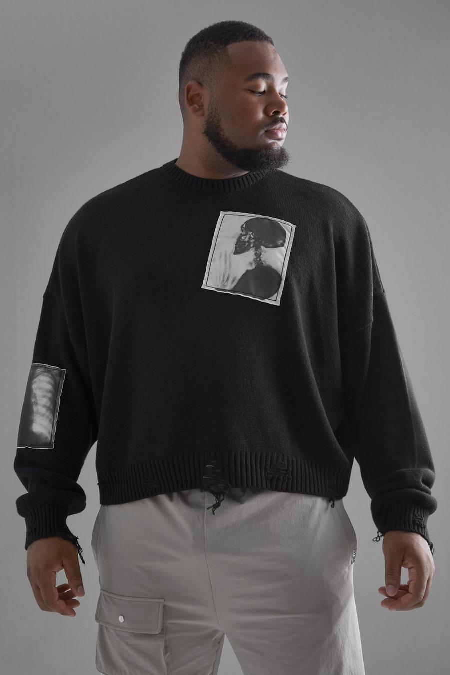 Maglione squadrato Plus Size a effetto consumato con stampa di foto, Black nero