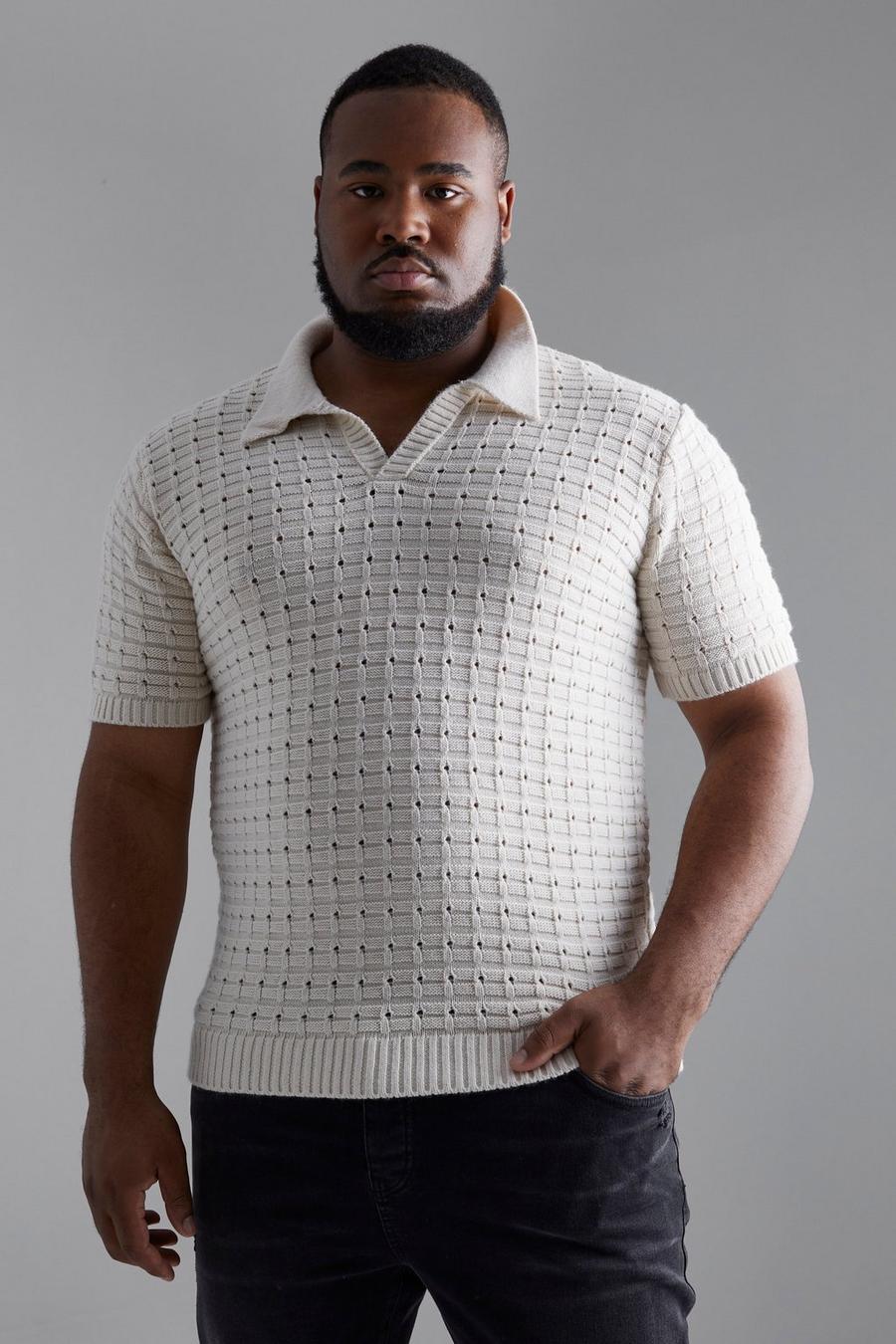 Cream Plus Chunky Knitted Open Stitch Polo image number 1