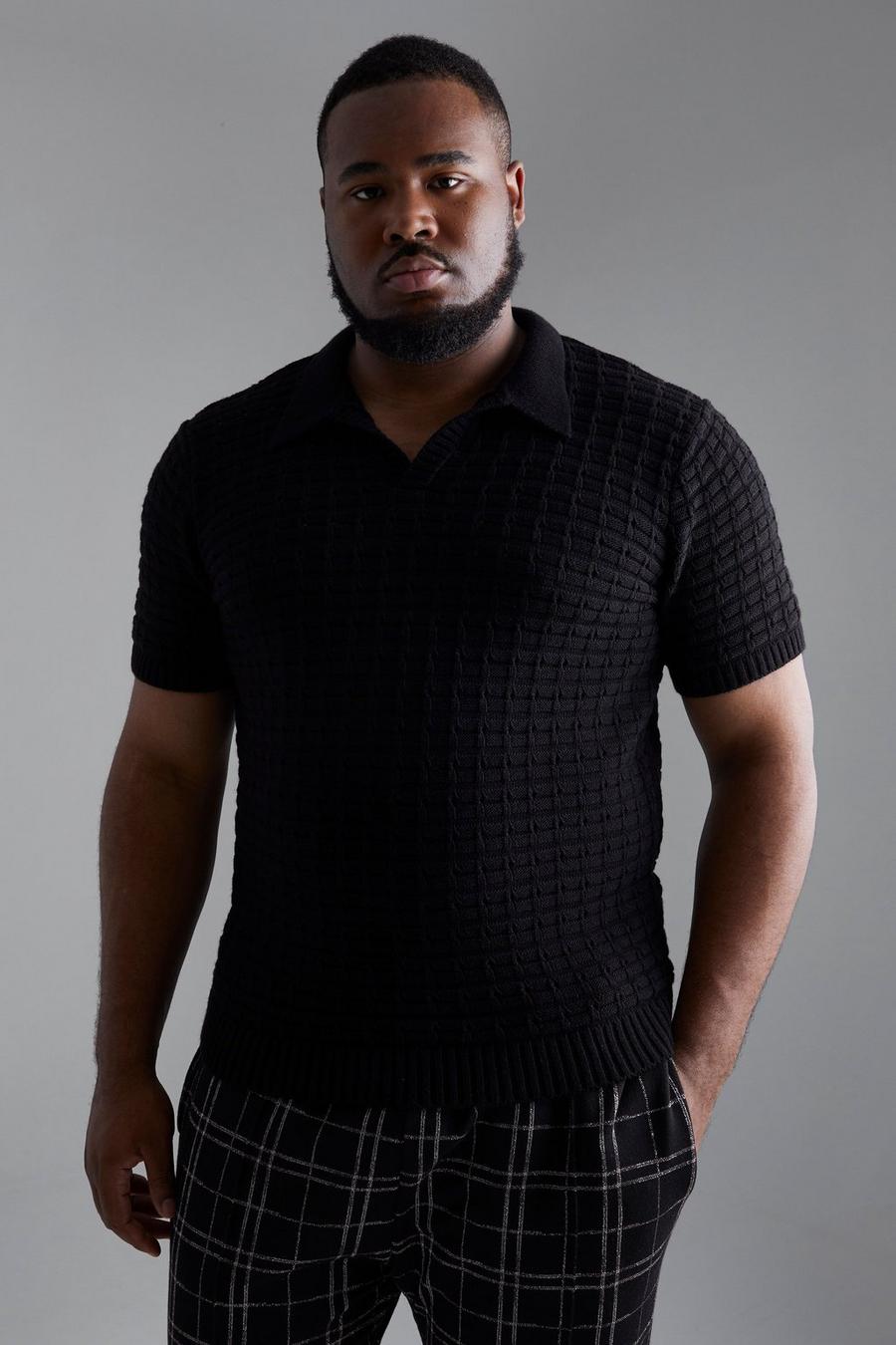 Black Plus Chunky Knitted Open Stitch Polo image number 1
