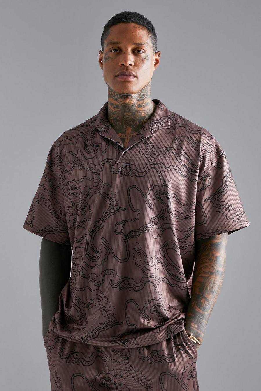 Coffee Pleated Printed Oversized Revere Polo  image number 1