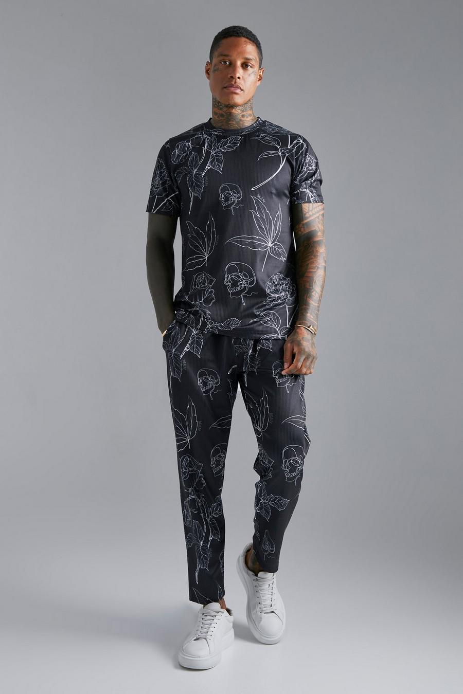 Black schwarz Geplooid T-Shirt Met Print En Joggingbroek Set