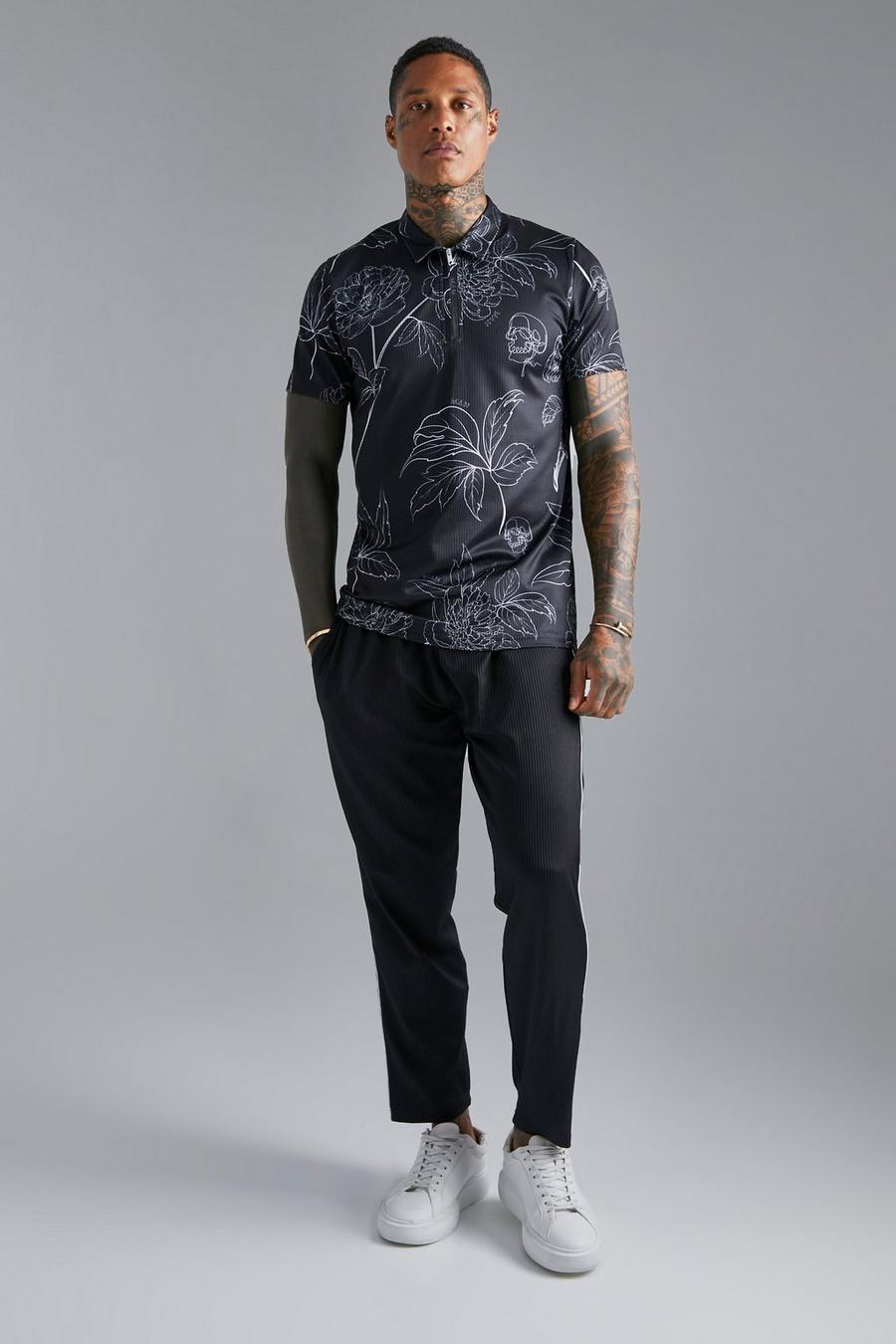 Black Slim fit mönstrad t-shirt och mjukisbyxor image number 1