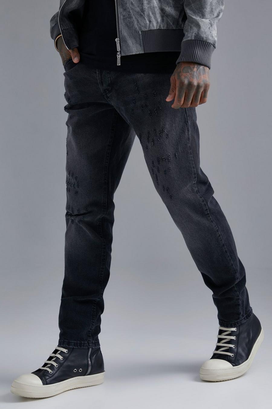 Washed black Slim Fit Versleten Jeans image number 1